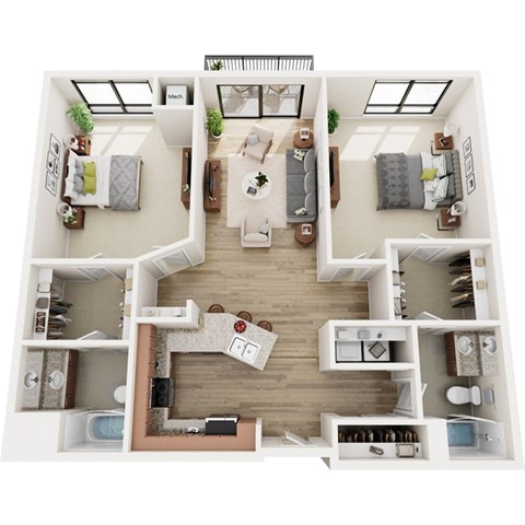 Floor plan for 2 beds, 2 baths, 1162 sqft